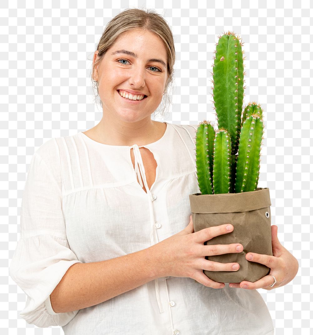 Png happy plant lady mockup holding potted cereus cactus