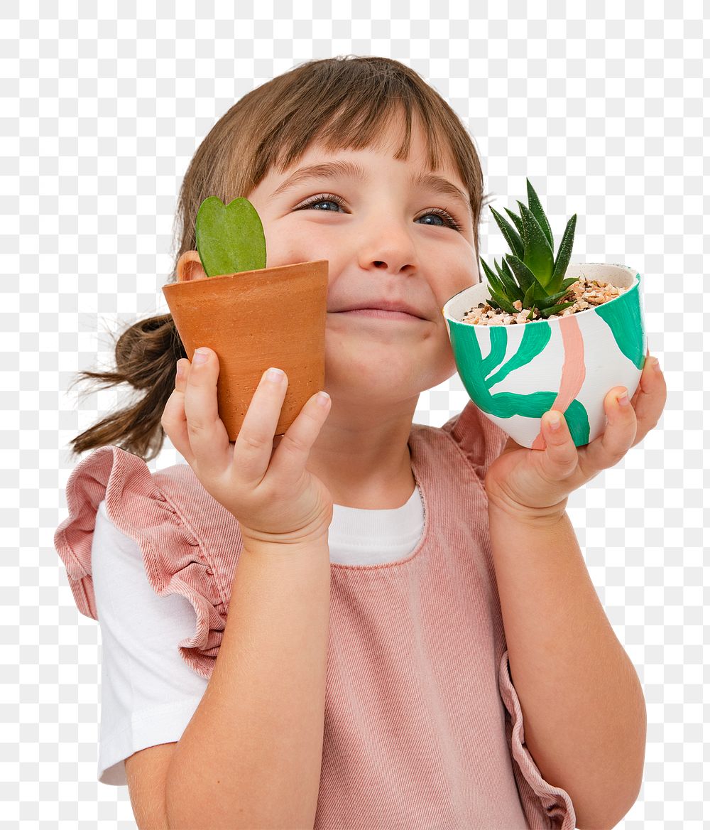 Png little girl mockup with small succulent houseplant