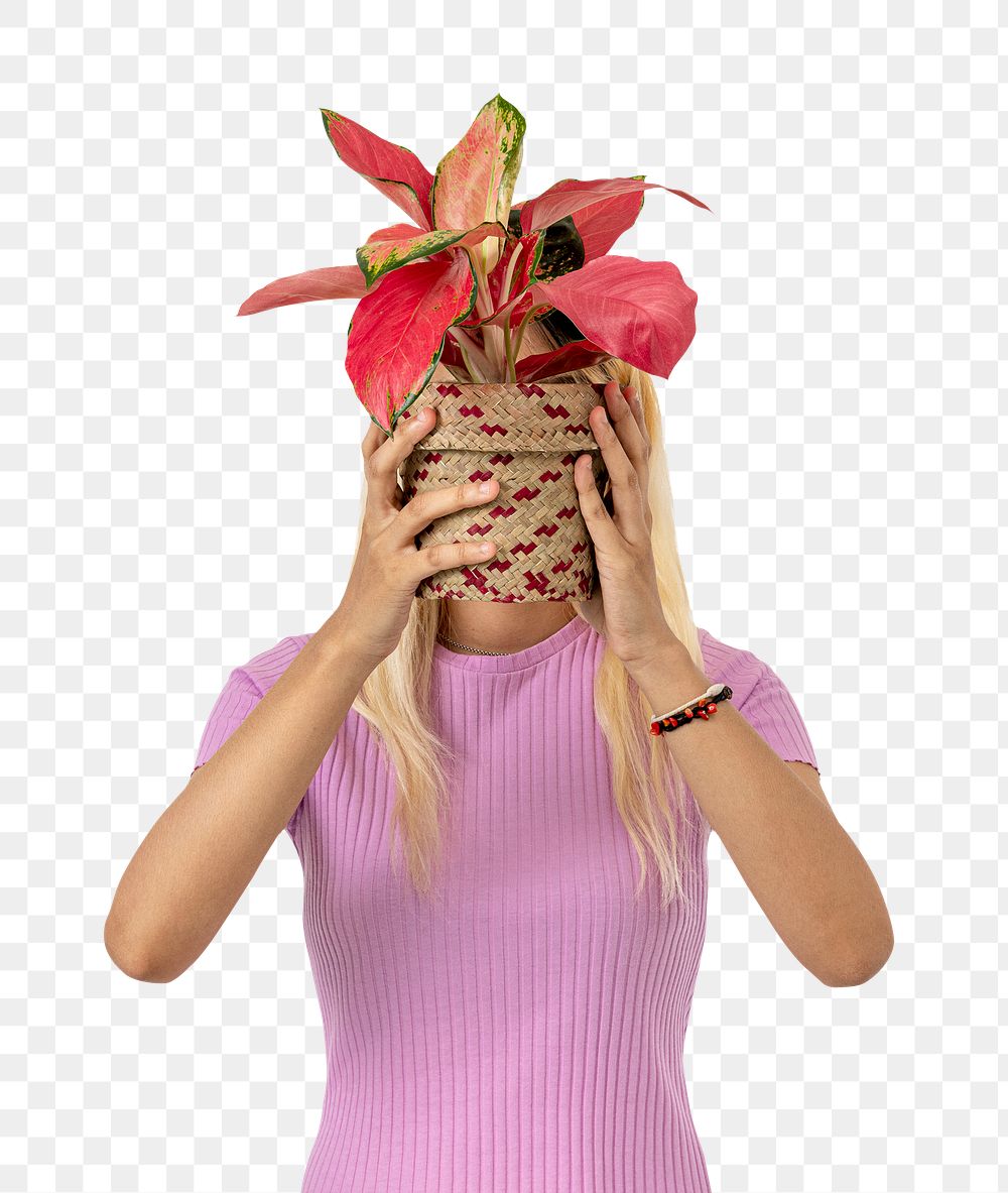Png plant lady mockup holding potted aglaonema