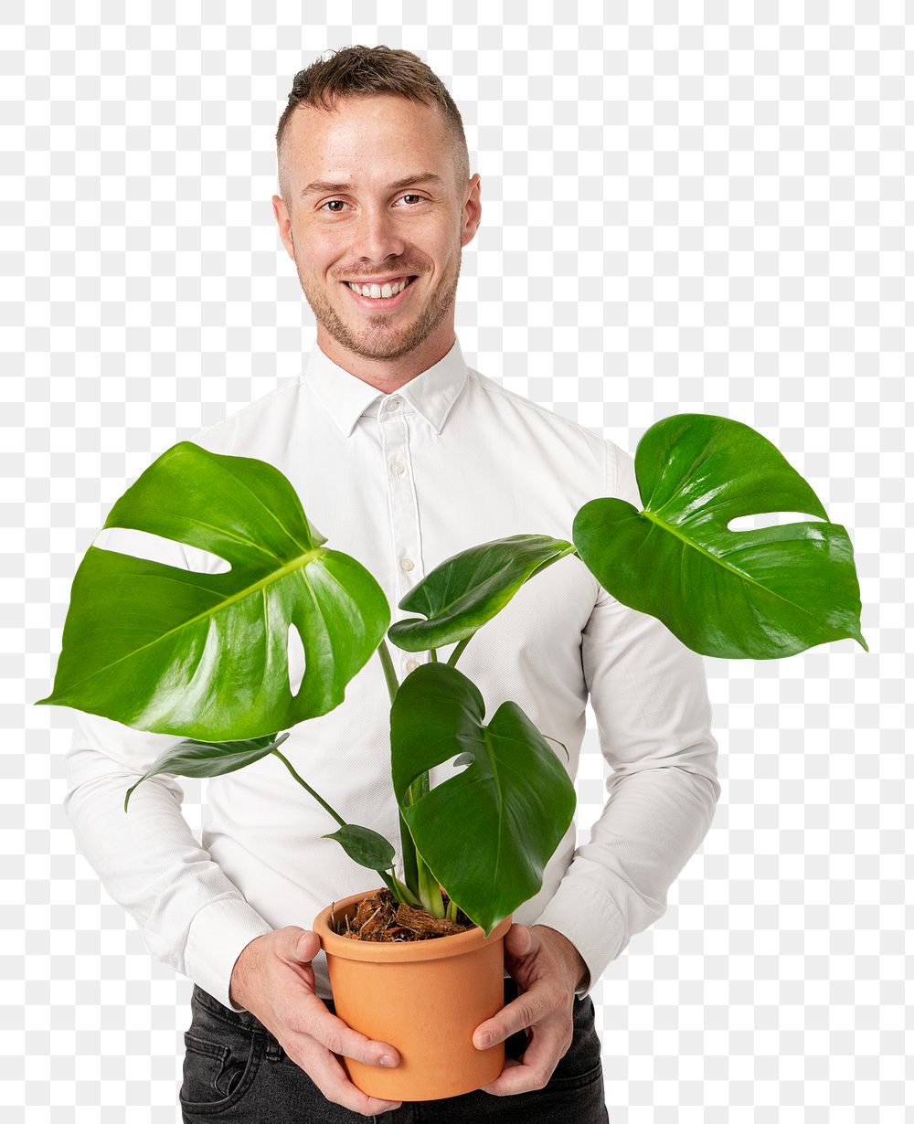 Png happy plant parent mockup holding potted monstera