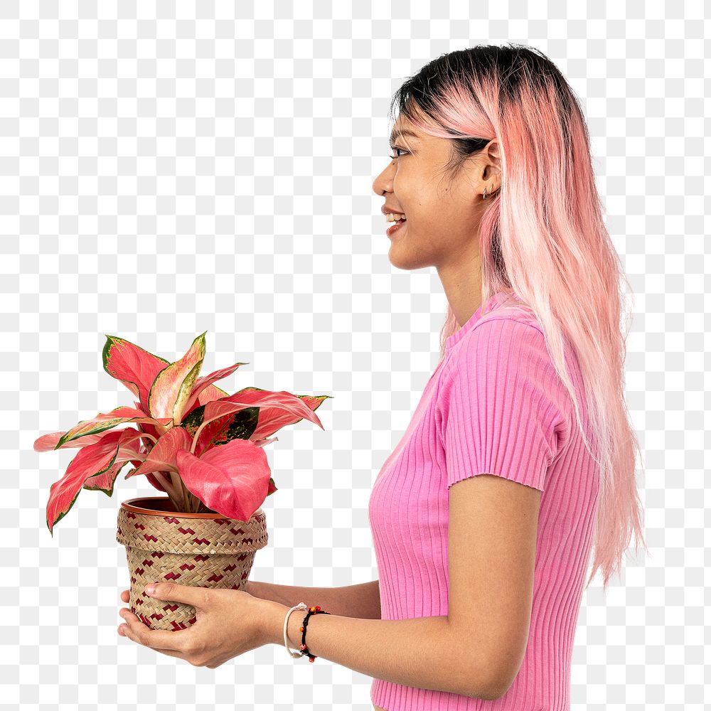 Png Asian plant lady mockup holding potted aglaonema side view