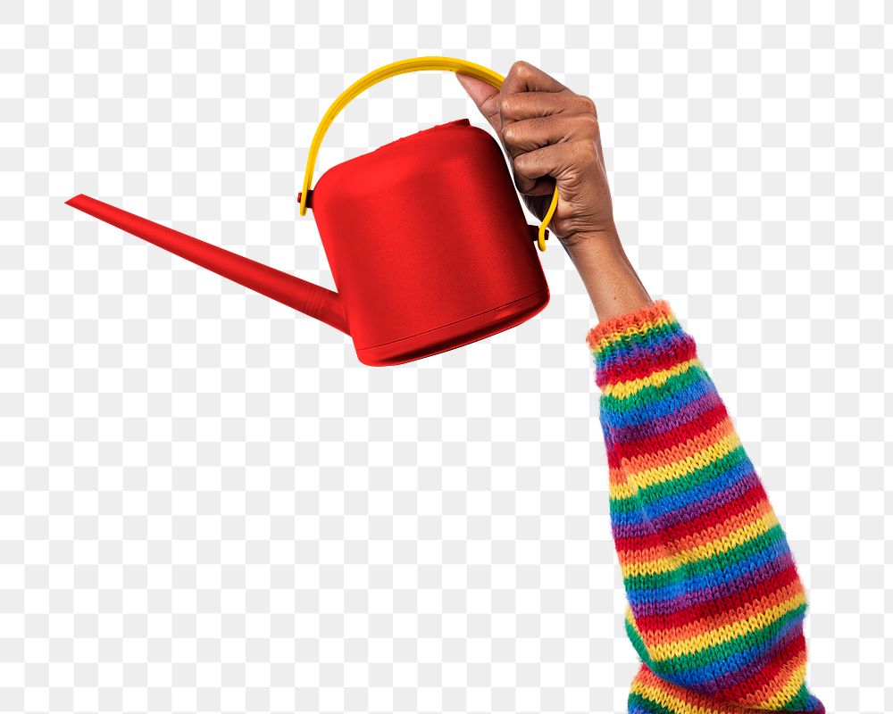 Png hand mockup holding red watering can gardening tool