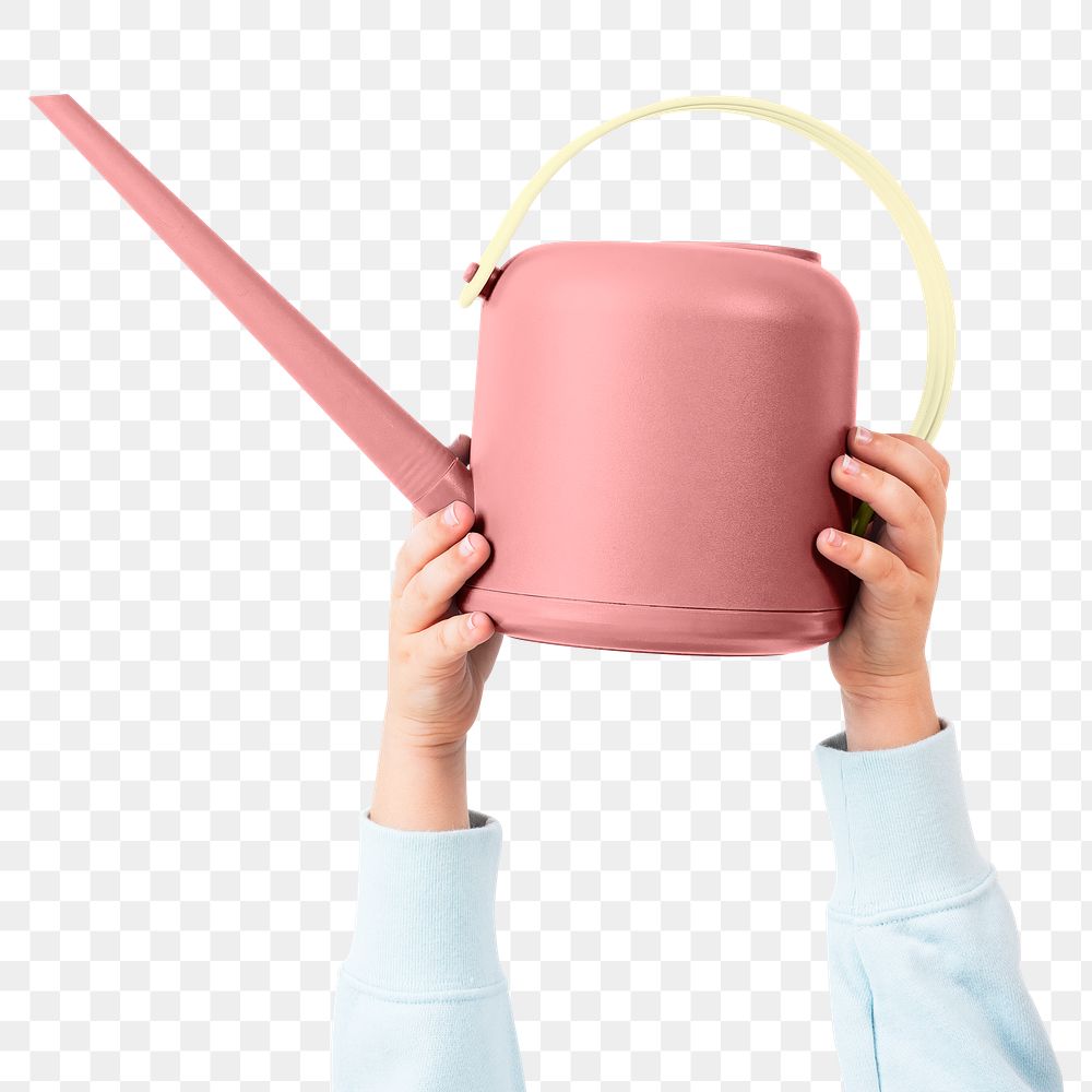 Png hand mockup holding pink watering can gardening tool
