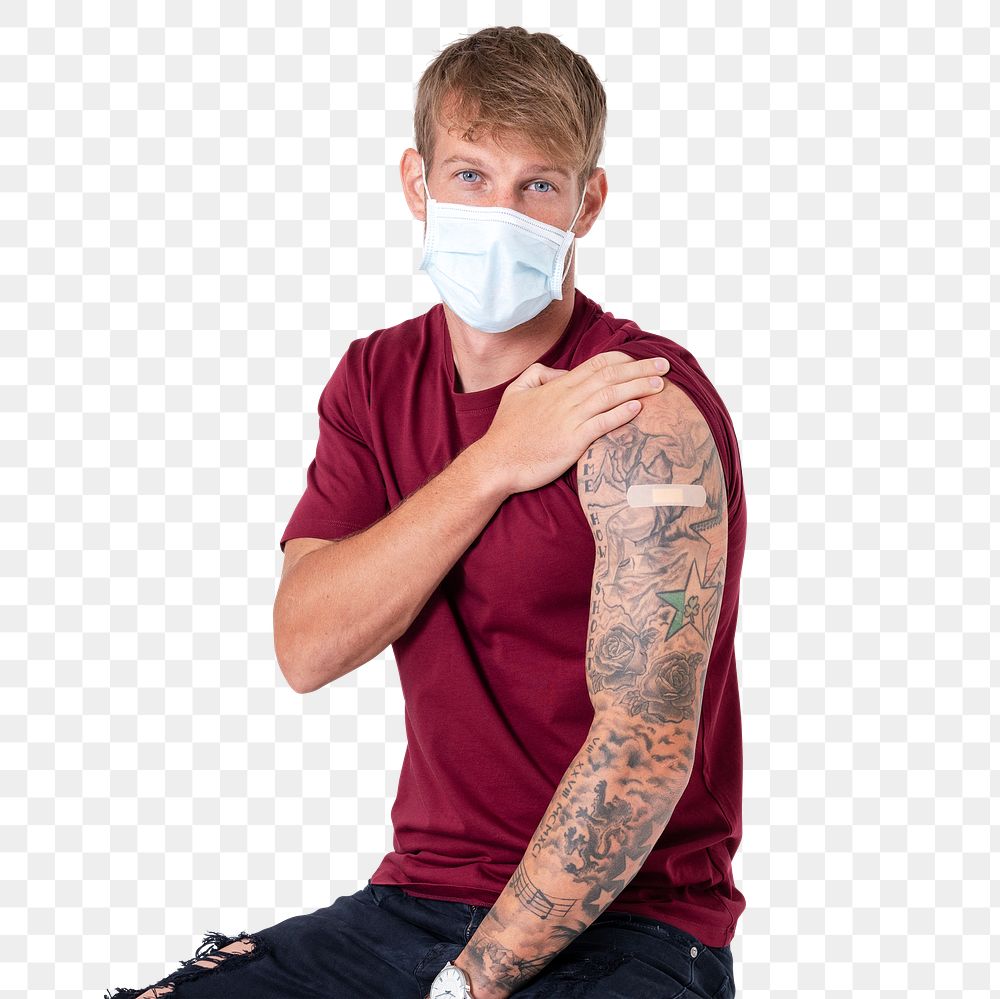 Png Vaccinated European man mockup presenting shoulder