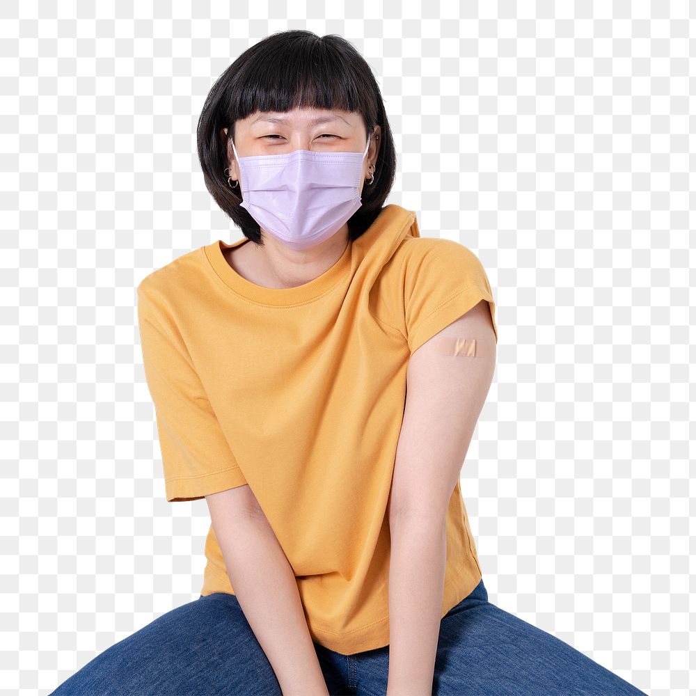 Png Vaccinated Asian woman mockup presenting shoulder