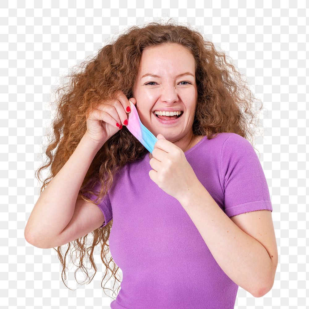 Png Woman taking mask off mockup during the new normal