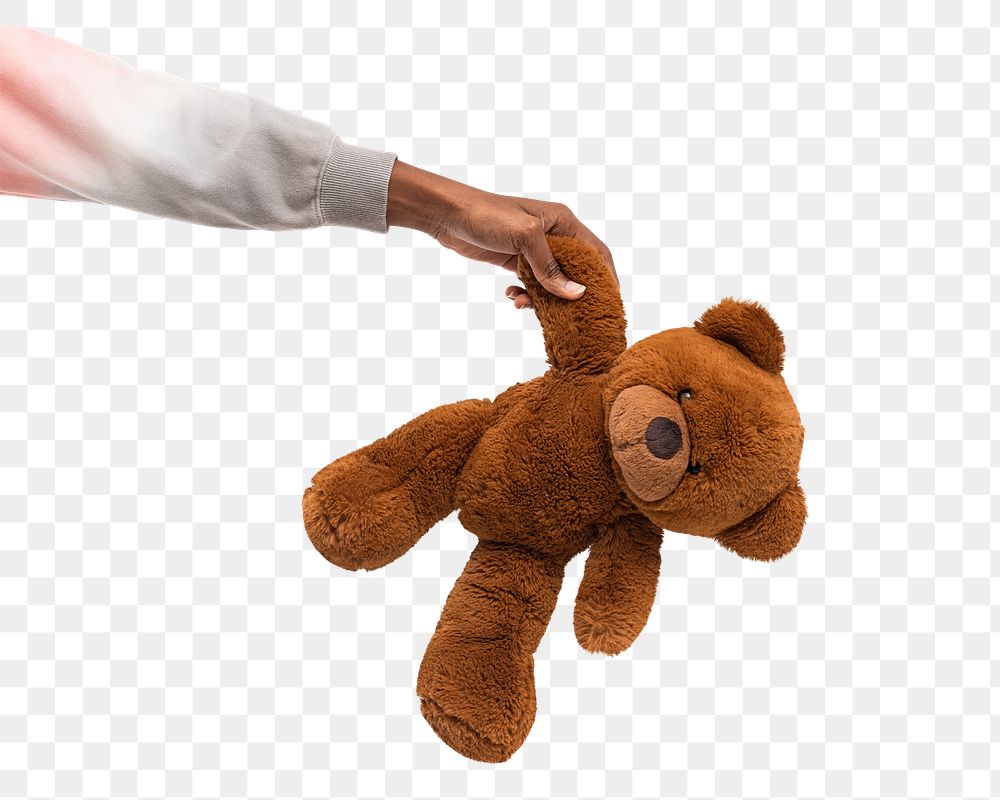 Png Teddy bear mockup held by a hand for charity campaign