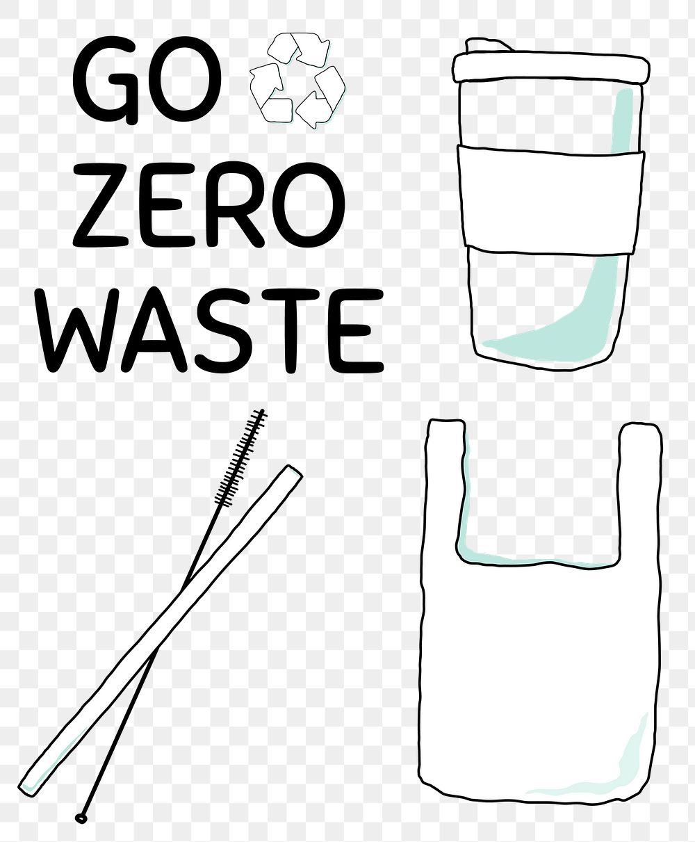 Eco product png with zero waste lifestyle doodle illustration set