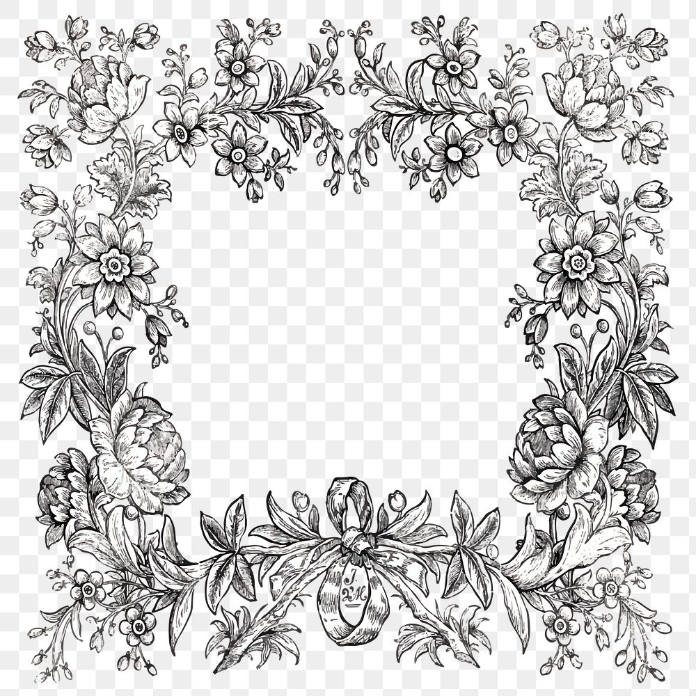 Vintage bw floral frame png, remixed from public domain collection