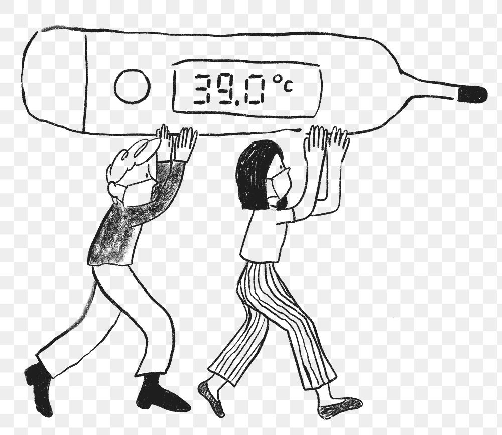 High body temperature png element people carry thermometer healthcare doodle