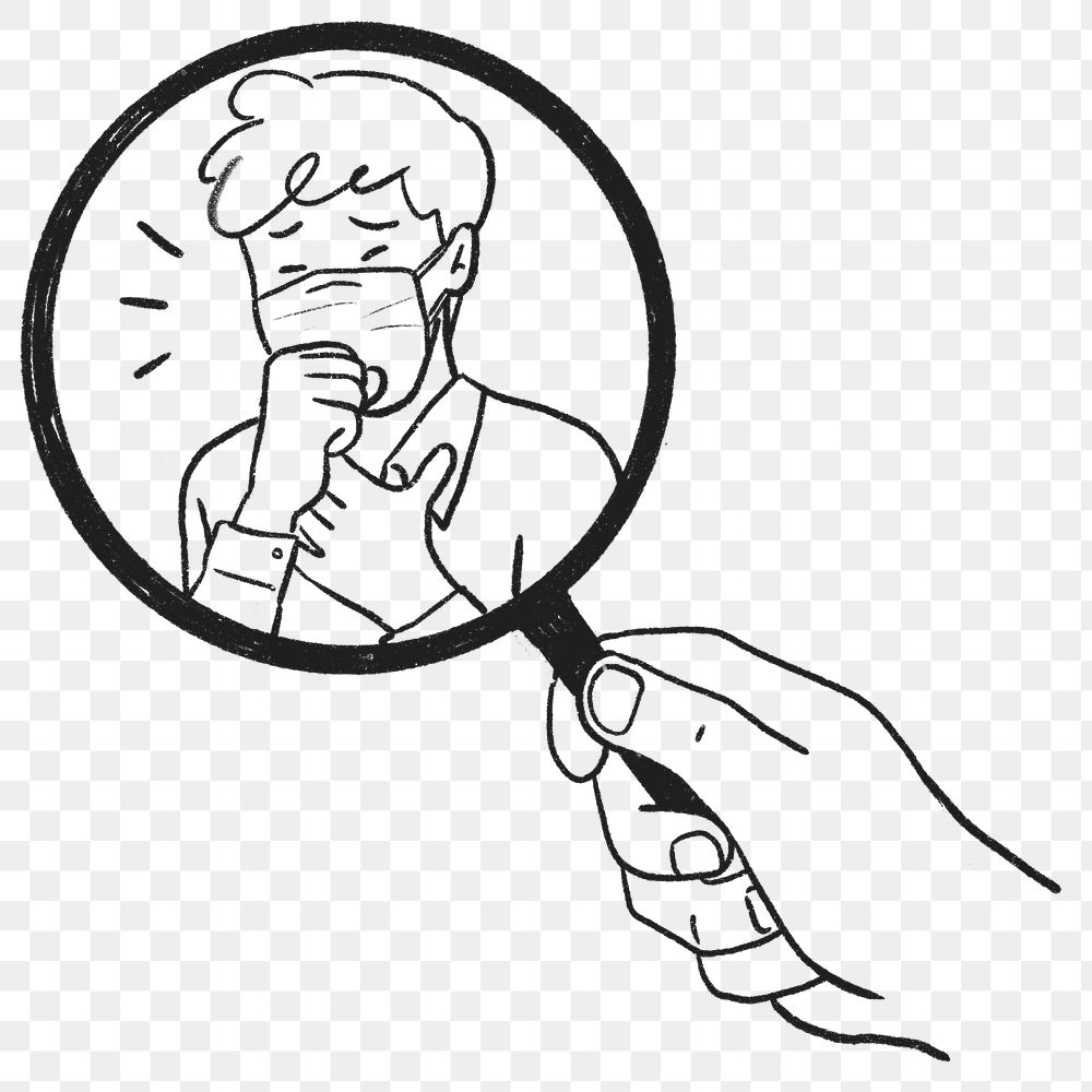 Png coronavirus symptom illustration, magnifying glass doodle