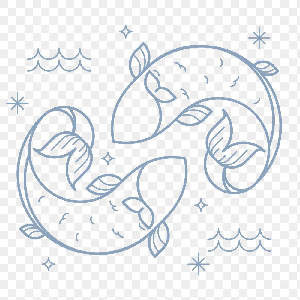 Aesthetic Pisces png sticker, line art astrological graphic, transparent background