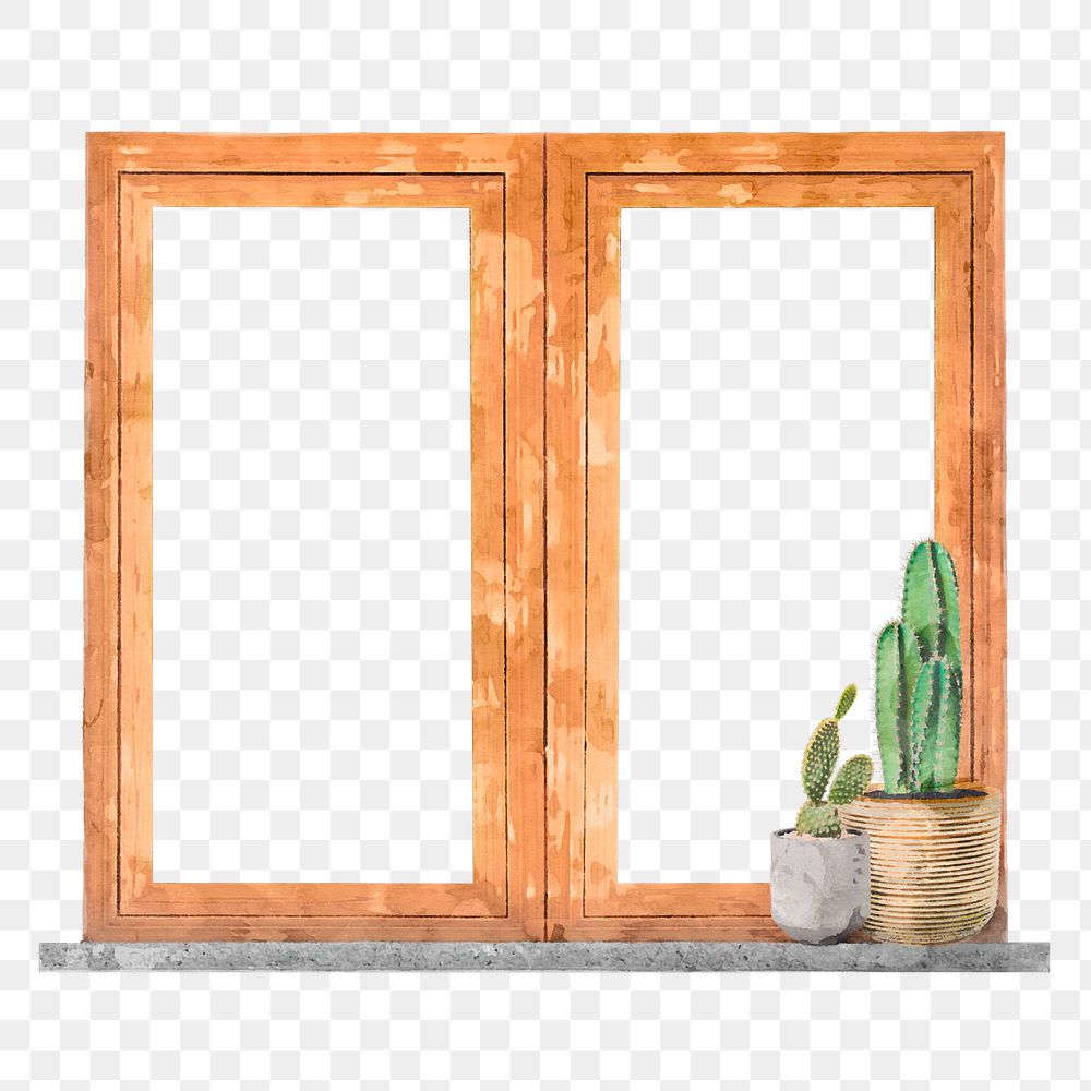 PNG wooden double window clipart, cactus, watercolor illustration