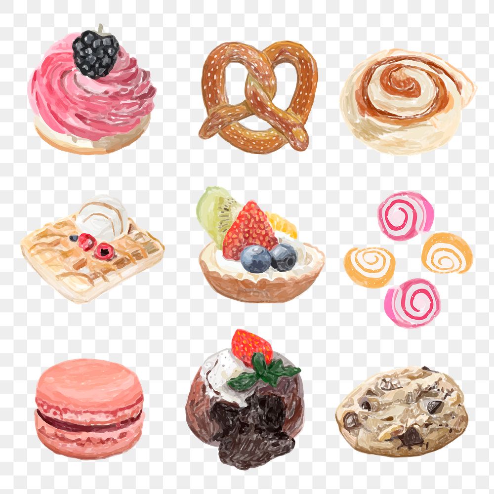 Pastry desserts png sticker watercolor drawing set