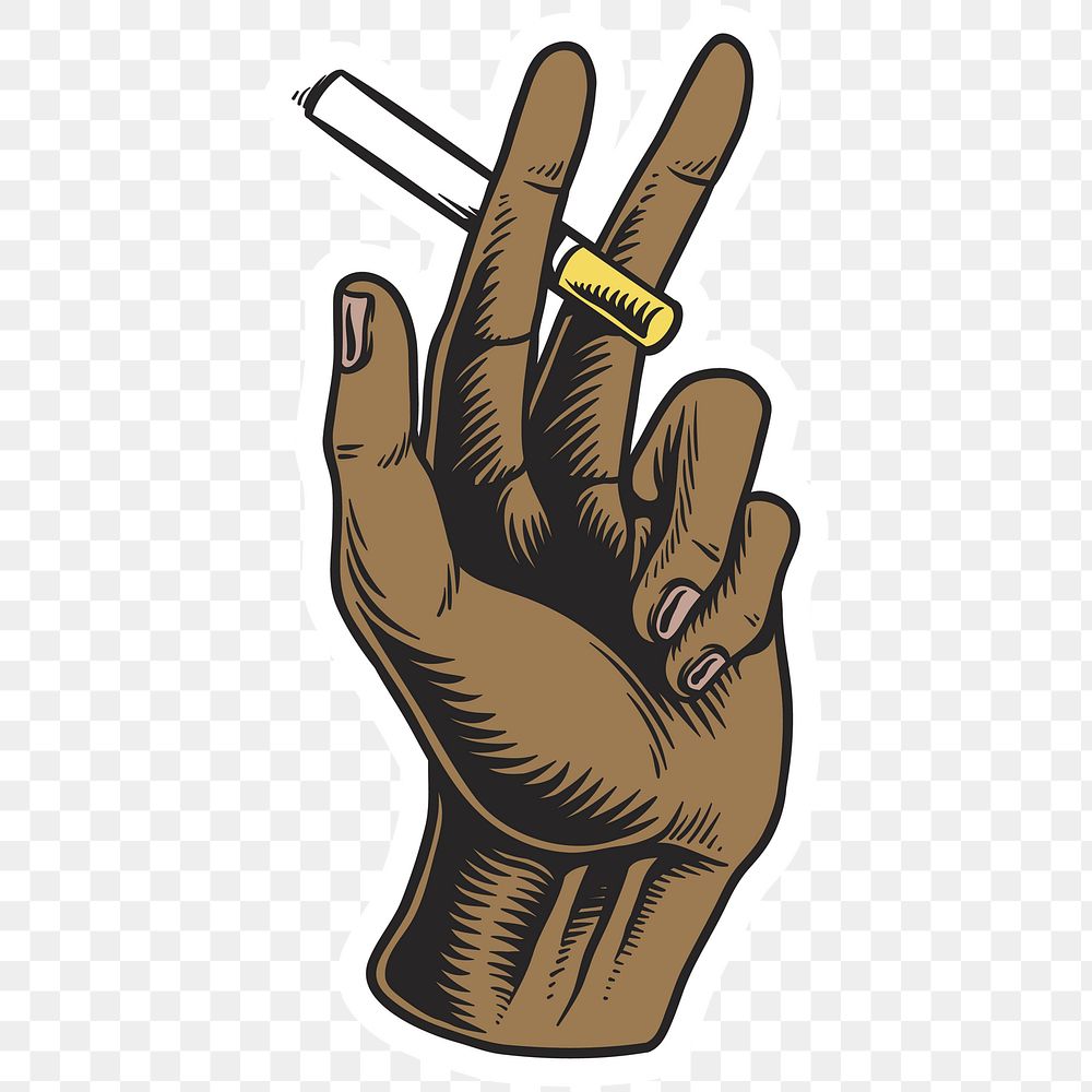 Hand drawn hand holding a cigarette sticker design element
