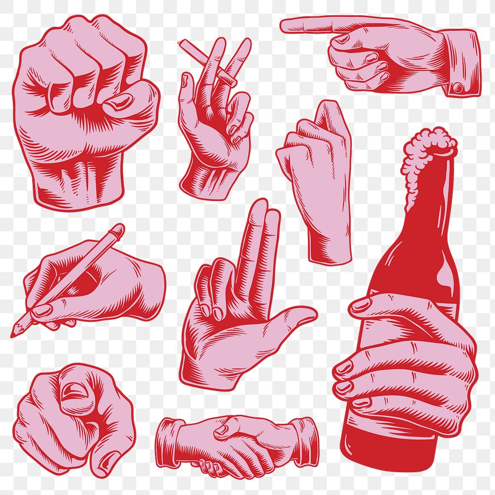 Cool neon pink hand gesture sticker design element set
