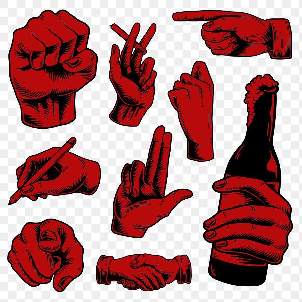 Cool red hand gesture sticker design element set