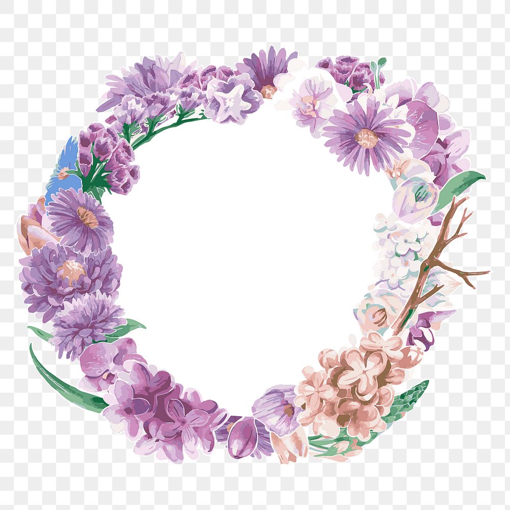 Purple flower png frame sticker, transparent floral watercolor illustration