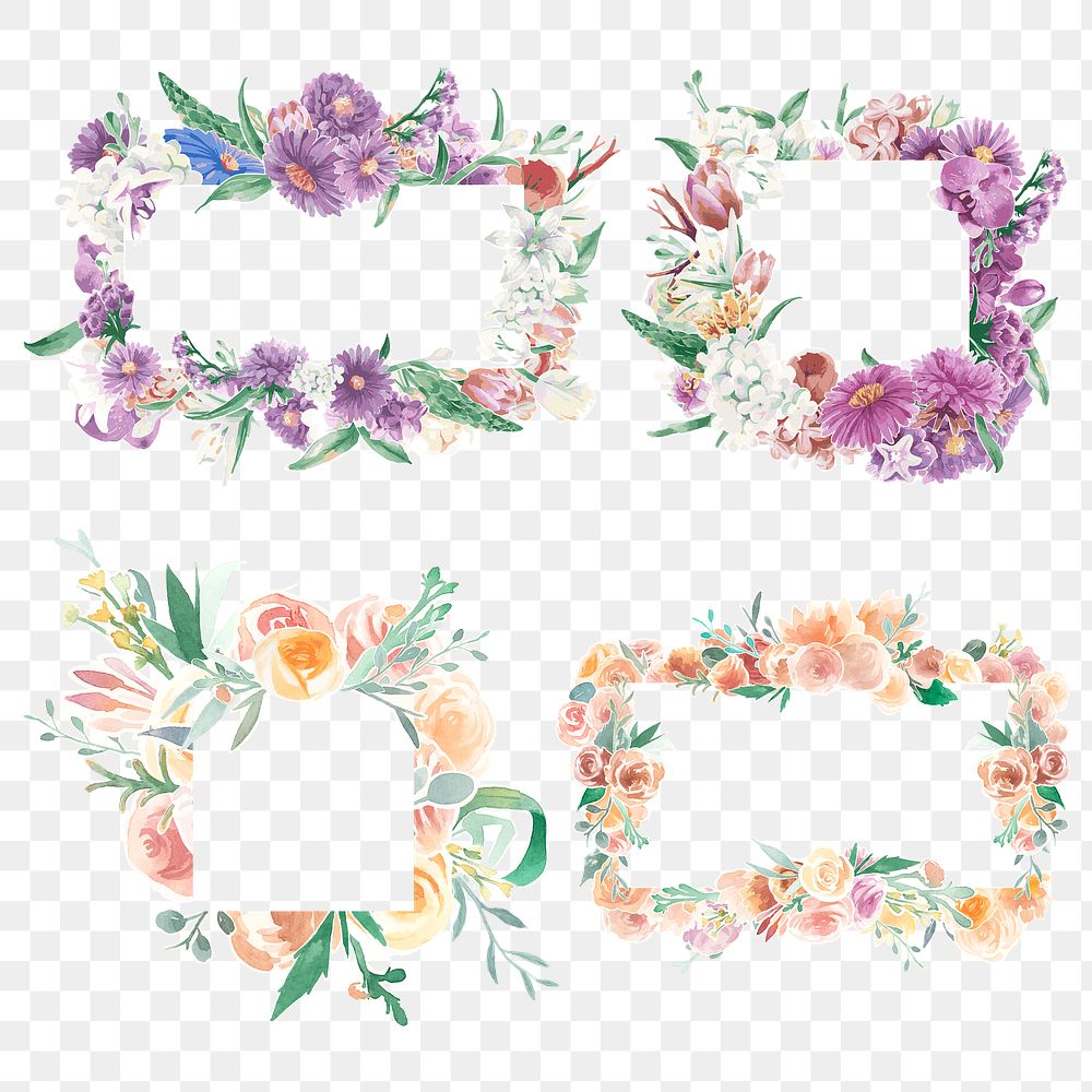 Flower wreath png frame clipart, transparent floral watercolor illustration set