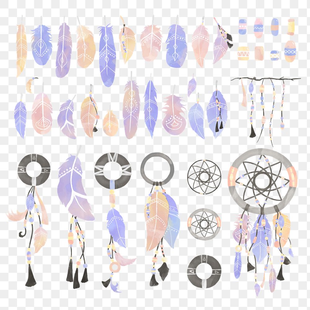 Watercolor boho png feather and dreamcatcher set