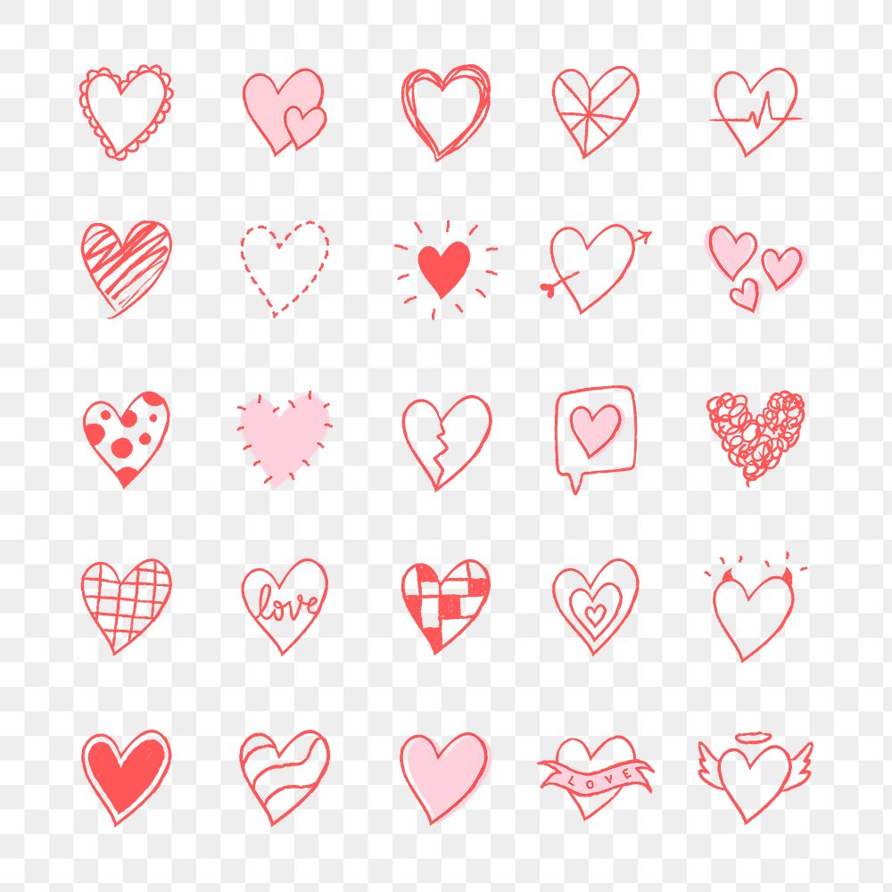 Png heart icons, pink set in hand-drawn doodle style