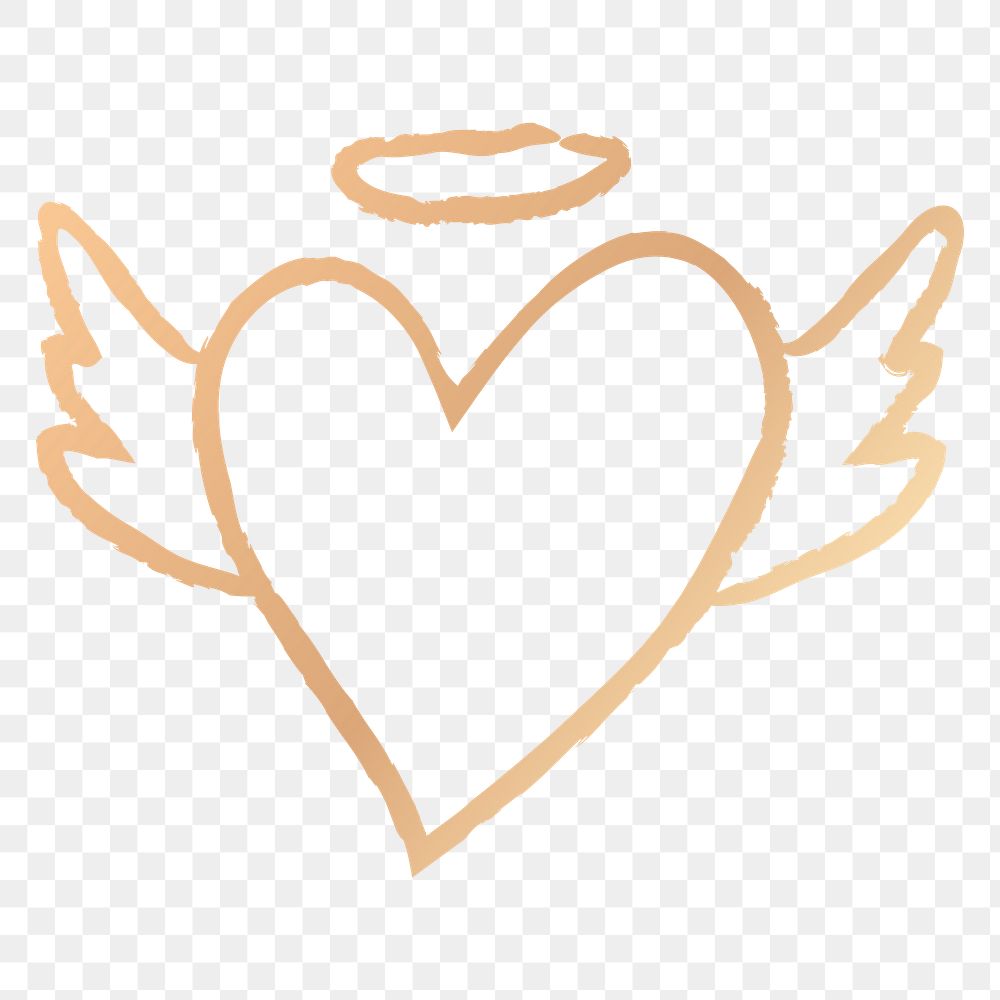 Png gold heart icon, angel wings doodle illustration