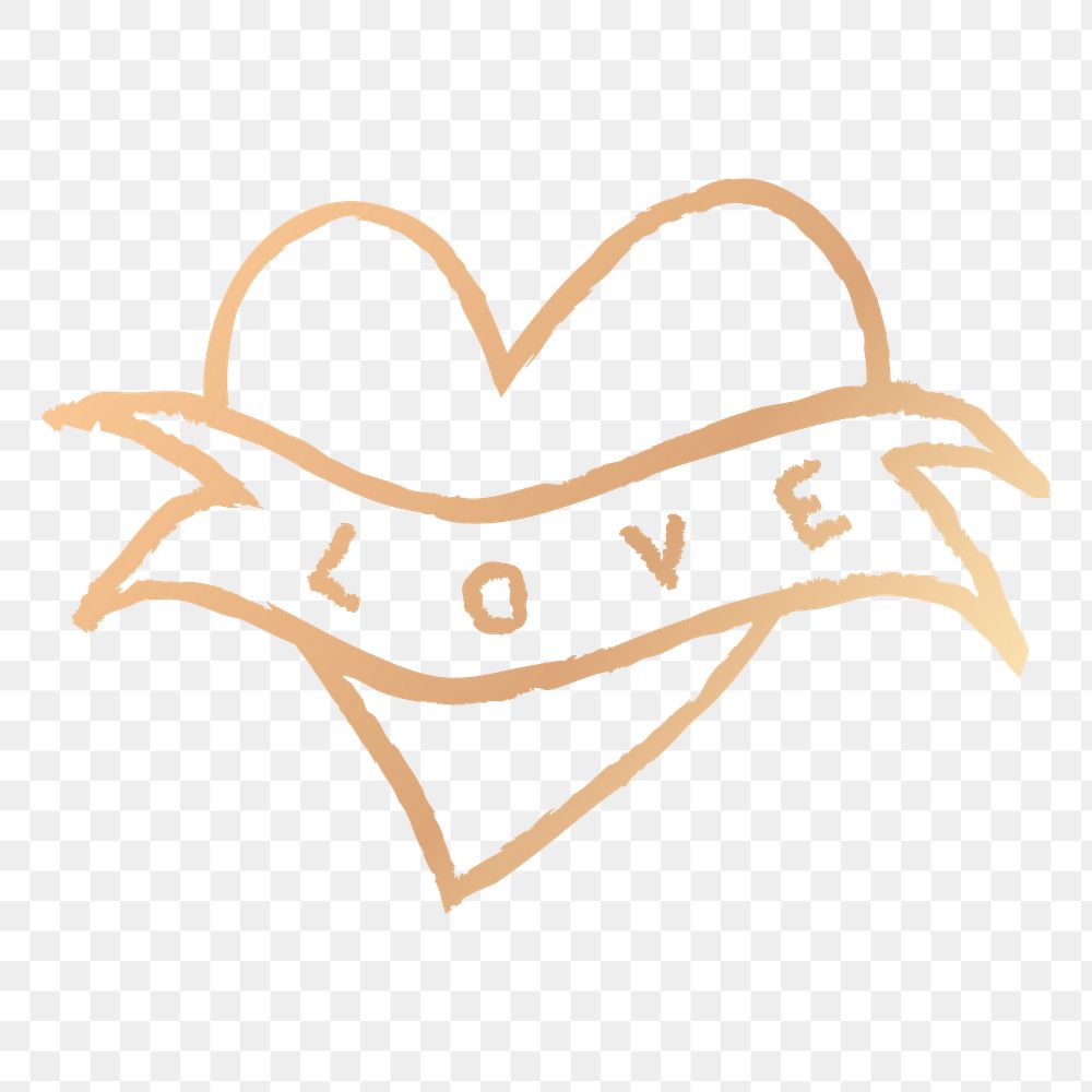 Png gold heart icon love word, hand drawn doodle style