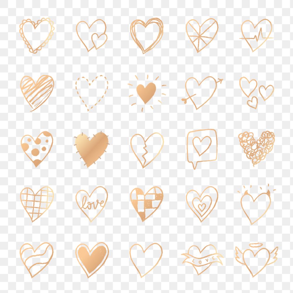 Png golden heart icons, set in doodle style