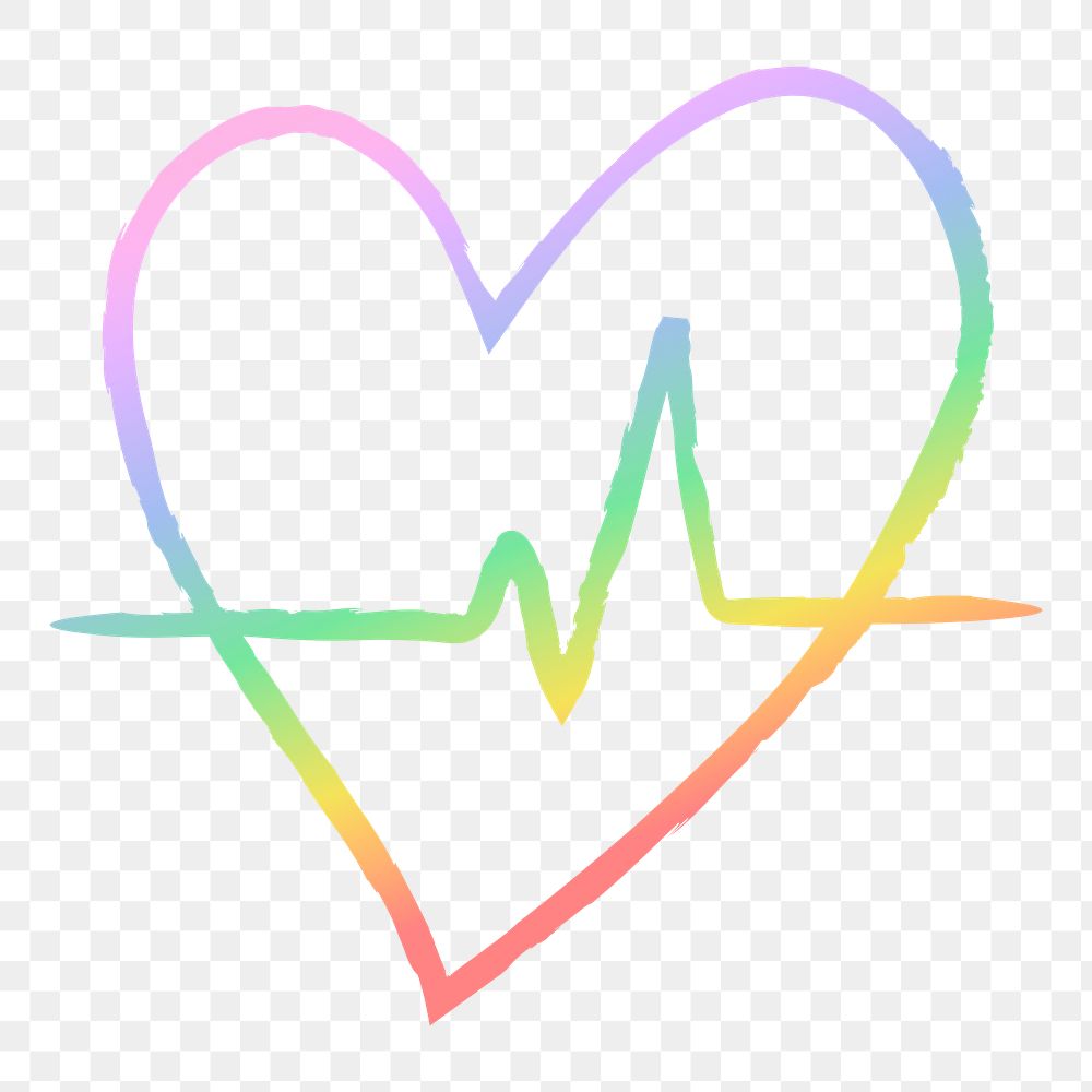 Heartbeat png icon in holographic rainbow, hand drawn doodle style