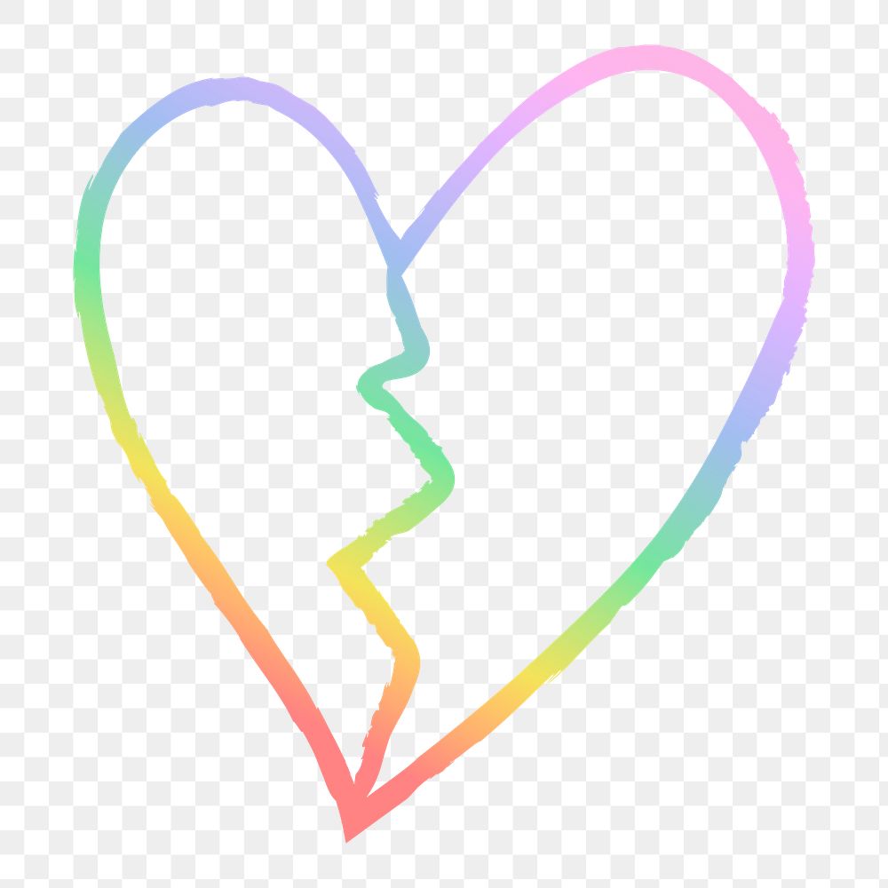 Png broken heart icon, hand drawn style in holographic rainbow