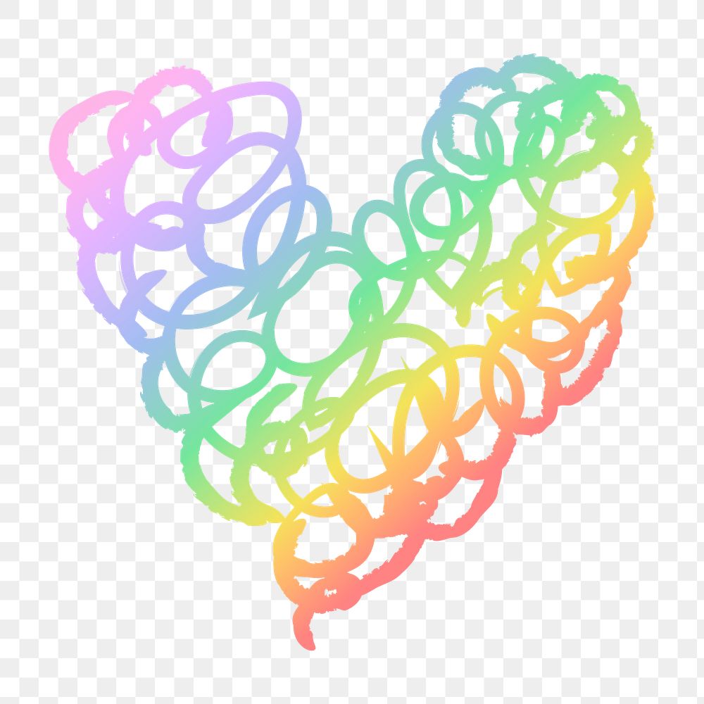Rainbow png heart icon, scribble illustration in doodle style