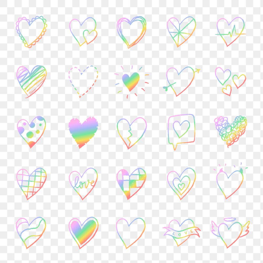 Png heart set, in rainbow doodle style