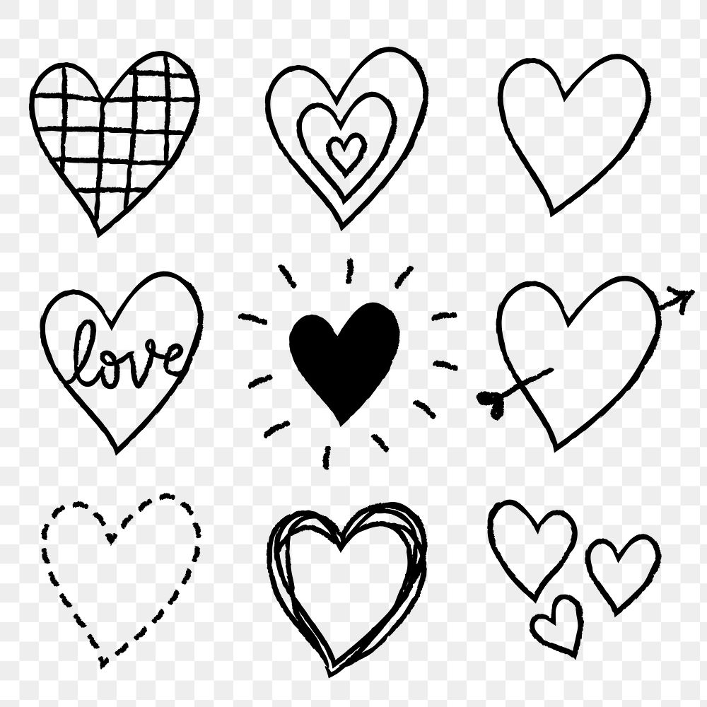 Heart png icons set, simple doodle in hand-drawn style