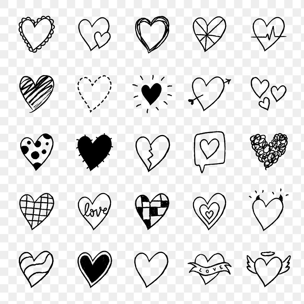 Png heart icons set, simple doodle in hand-drawn style
