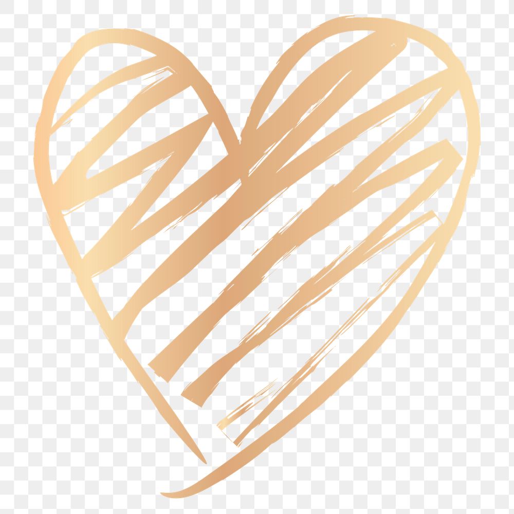 Png gold heart design element in hand drawn style