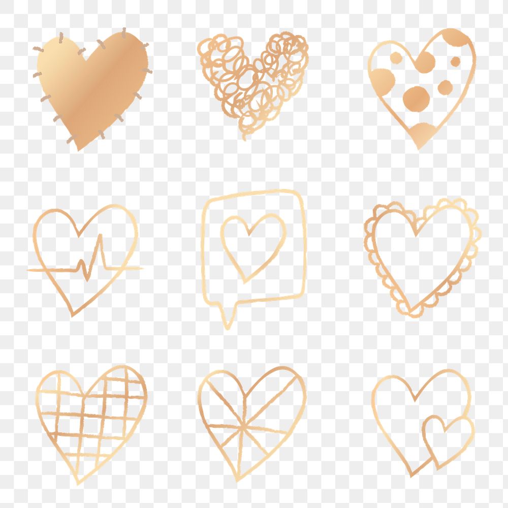 Png gold heart element set in hand drawn style