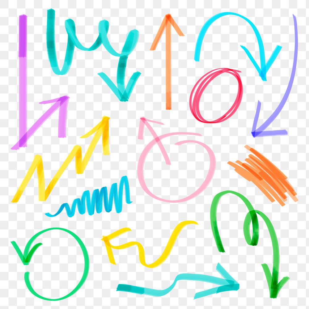 Png doodle colorful highlight arrow set