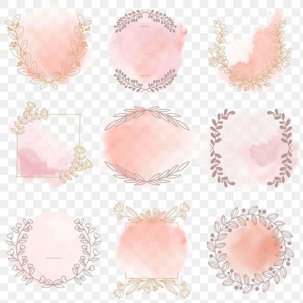 Png ornament badge in pink decorative floral watercolor style set