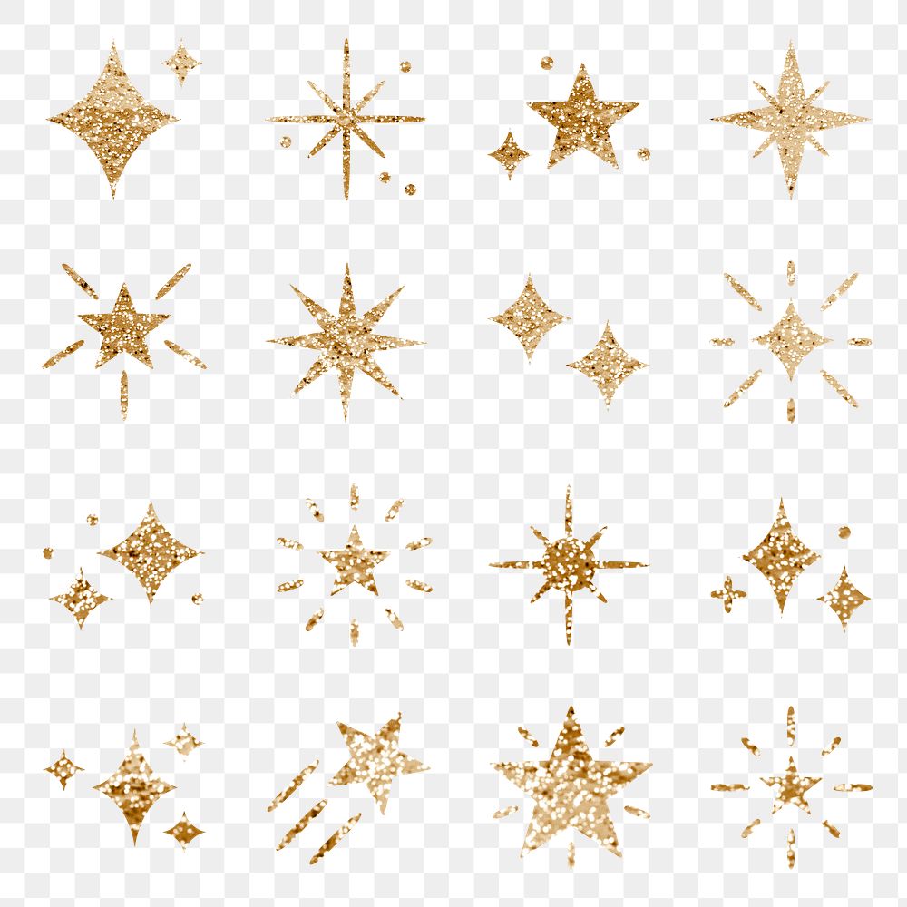 Sparkling stars png icon set with glitter texture
