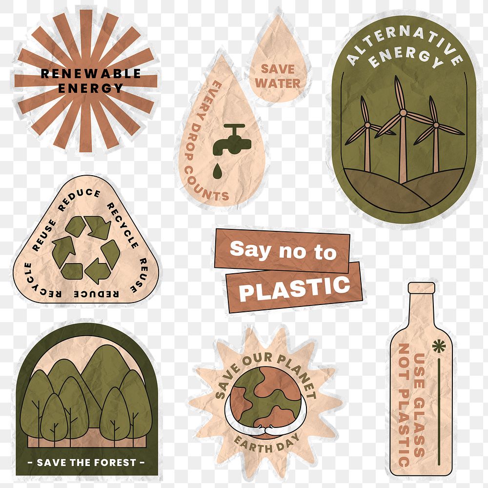 Png save environment sticker set in wrinkled paper texture