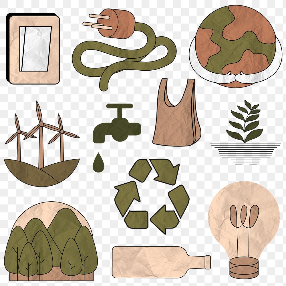 Png environment illustration set in wrinkled paper texture