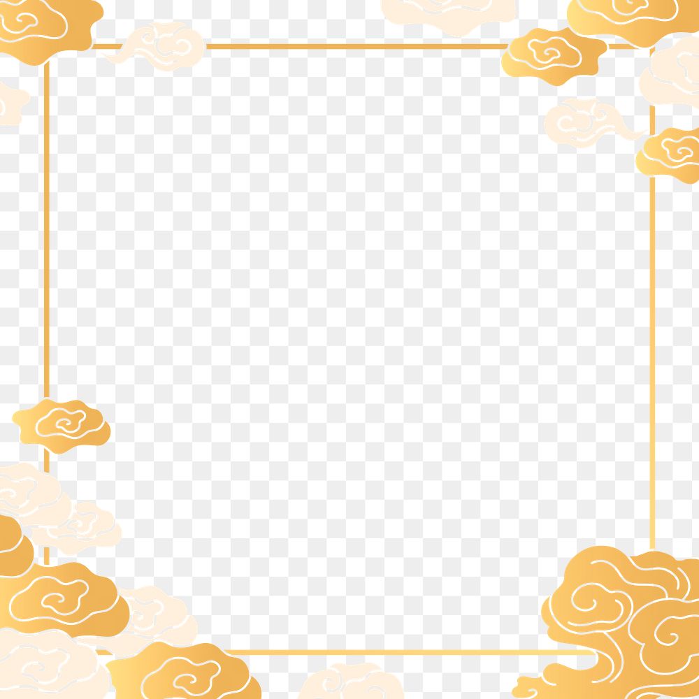 Gold frame png, Japanese cloud oriental illustration sticker