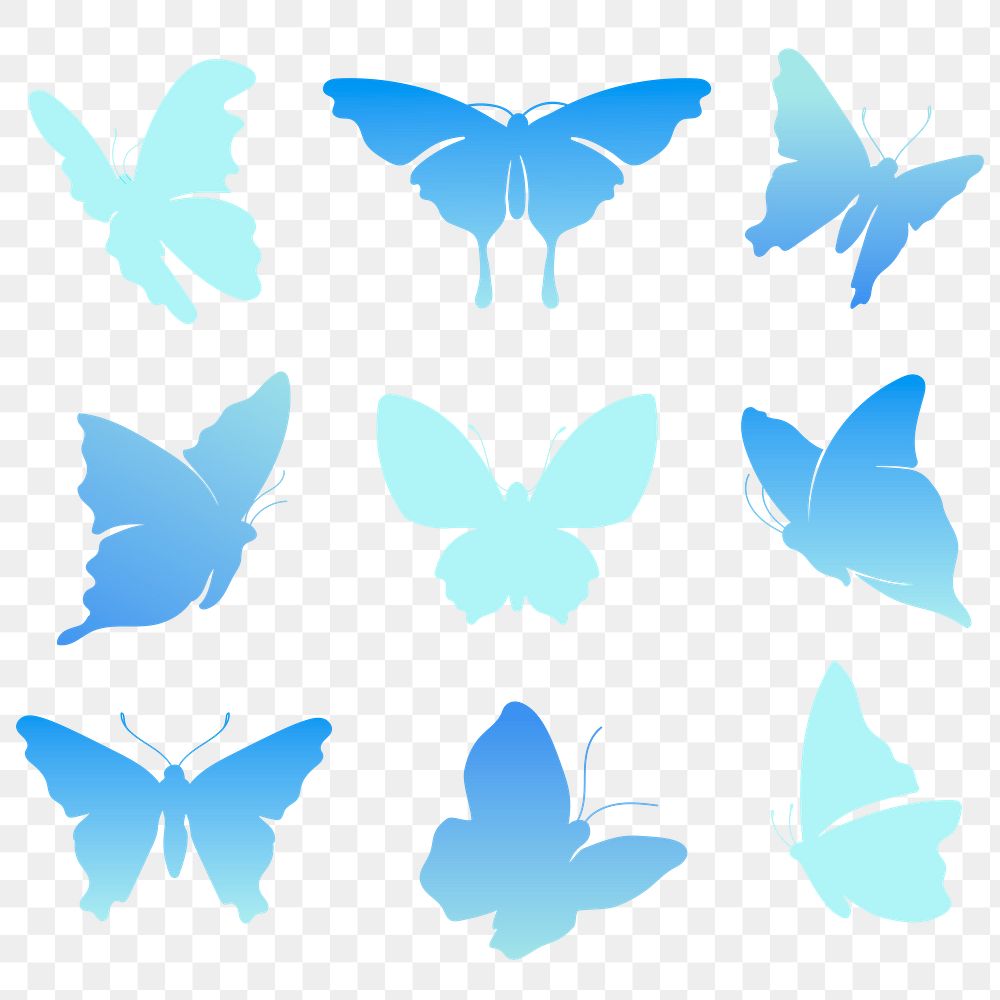 Butterfly png sticker, blue beautiful gradient flat clipart set