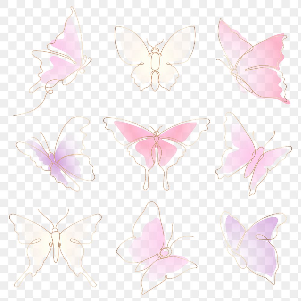Flying butterfly png sticker, pastel gradient line art clipart collection