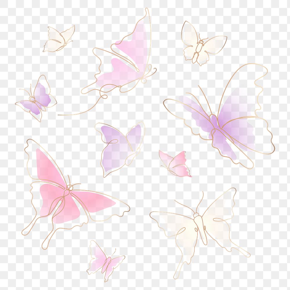 Flying butterfly png sticker, pastel pink line art clipart set