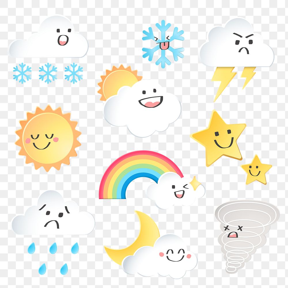 Weather png sticker collage, 3d cute transparent flat clipart collection