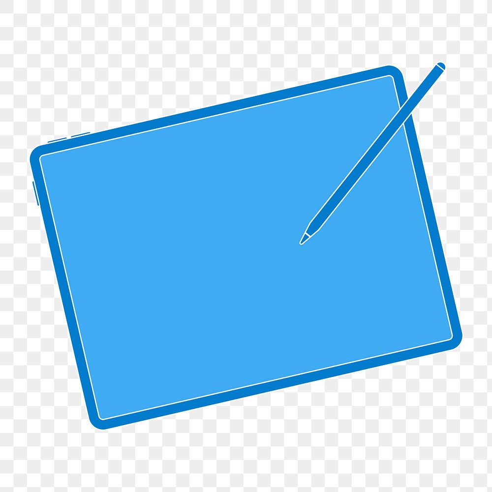 iPad png, blue screen, stylus charging on top, digital device illustration