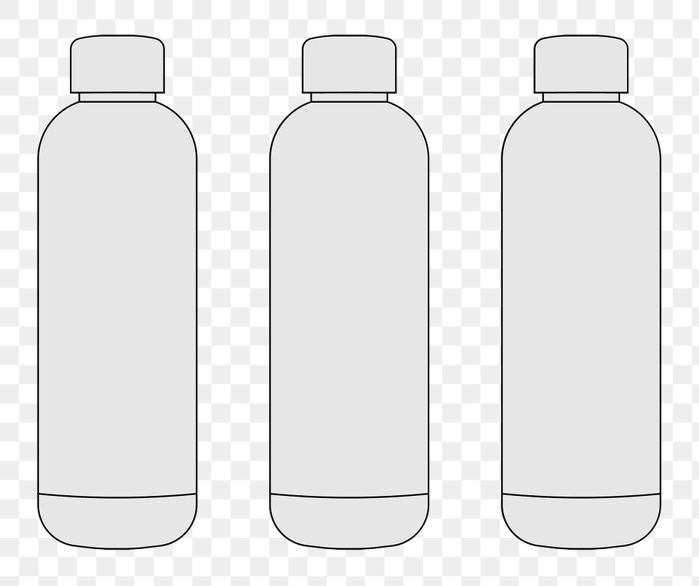 Water bottle png outline sticker, zero waste container illustration set