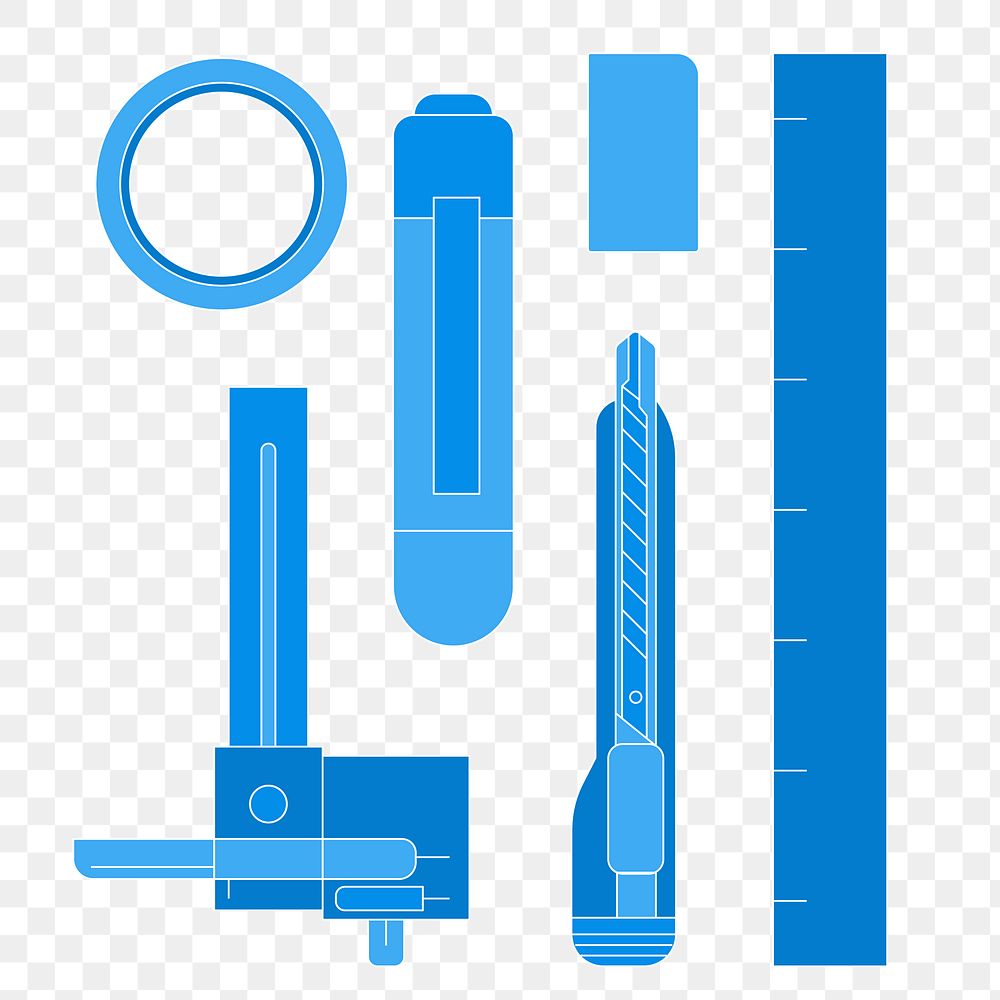 Blue stationery png, outline sticker illustration set