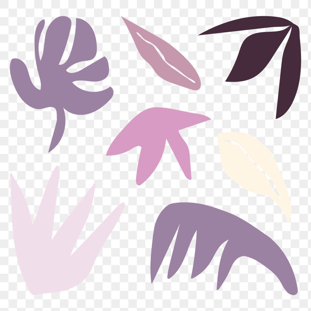 Purple leaf png sticker, abstract collage element set